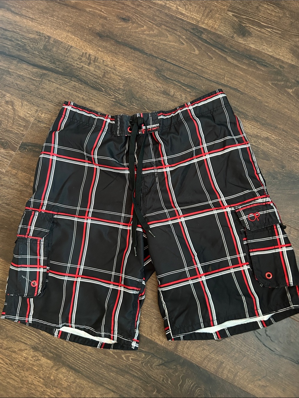 OP Men’s Black Plaid Swim Shorts with Red and White Accents